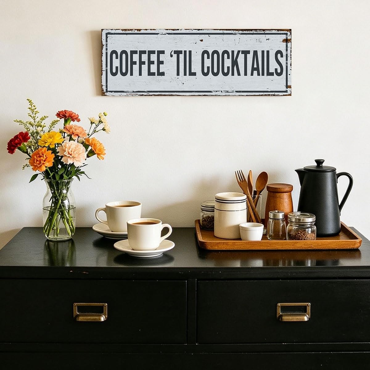 Funny Coffee Signs for Kitchen Decor, Rustic Coffee Til Cocktails Canvas Wall…