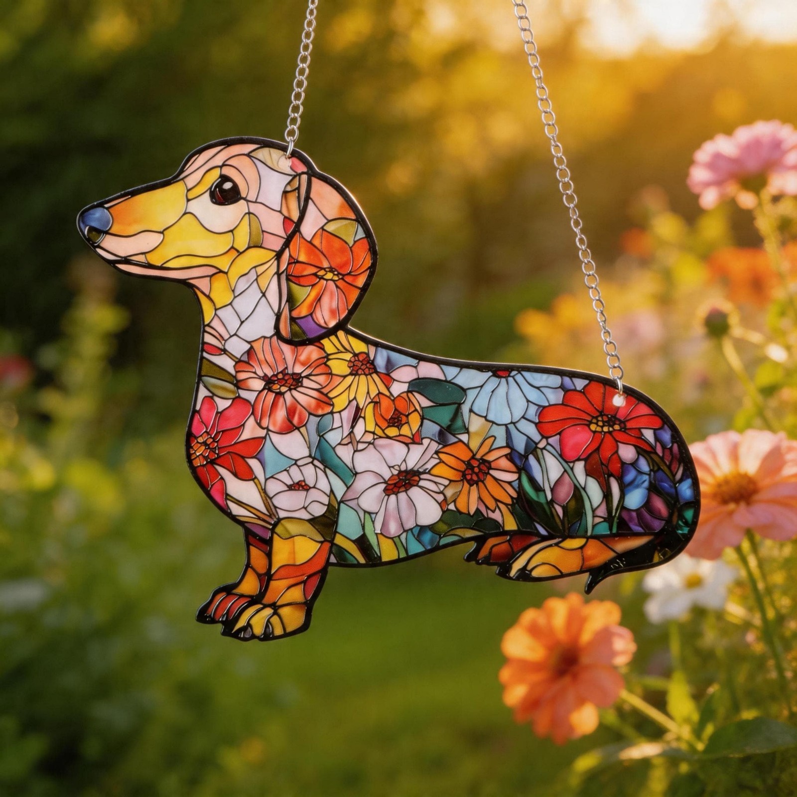 Stained Glass Dachshund Suncatcher – Floral Dog Window Hanging & Gift