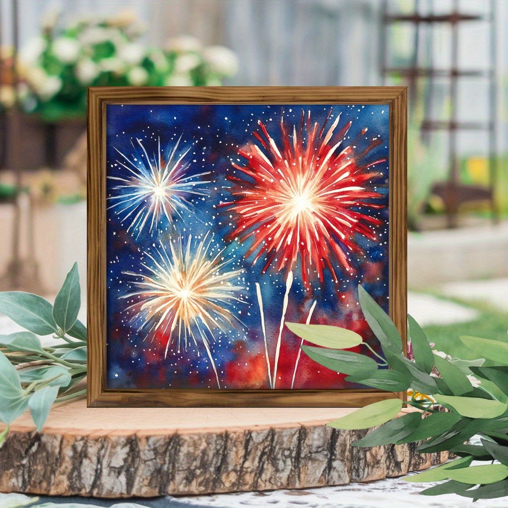 Patriotic USA Fireworks Wooden Plaque Happy 4th Of July Independence Day Decor