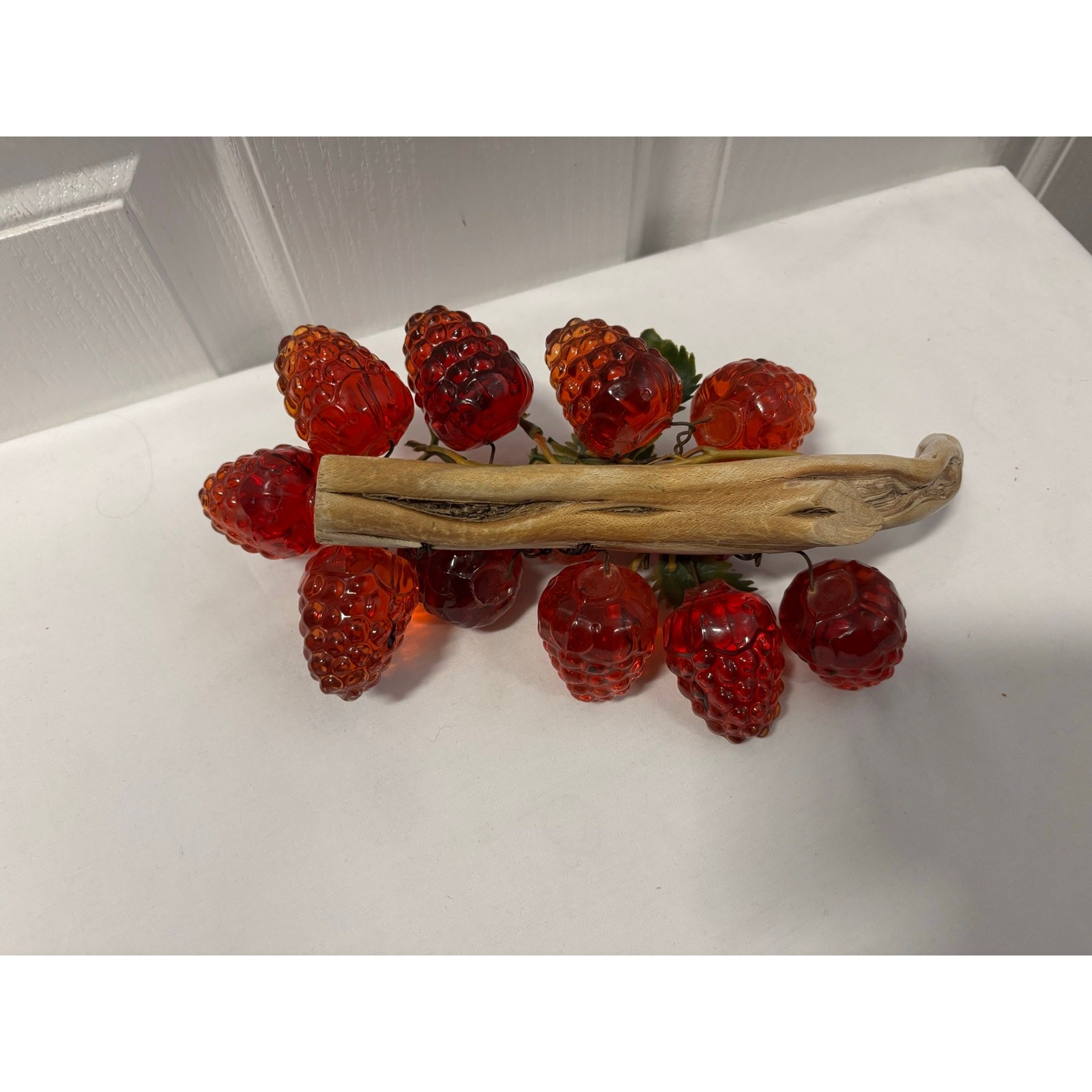 Vintage Faux Strawberry Branch 12 Red Acrylic Berries Rustic Cottage Decor