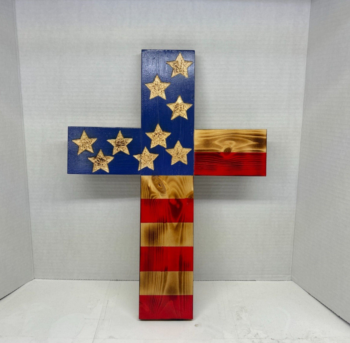Rustic Handmade American Flag Wooden Cross 17” Wall or Yard Memorial Patriotic