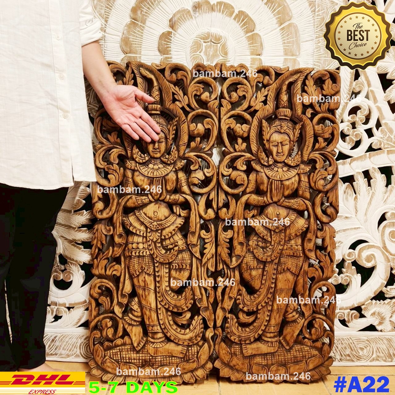 Set of 2 Thai Teak Wood Carved Wall Art Panel Thepphanom Angel Home Decor Spirit