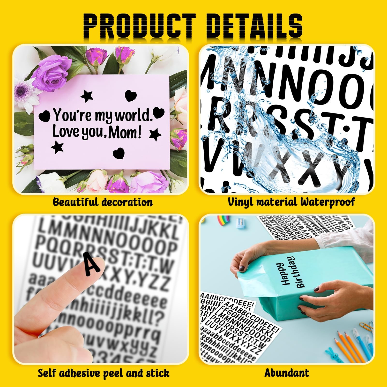 15 Sheet Small Letter Stickers – 1/2 Inch Black Vinyl Self Adhesive Alphabet Num