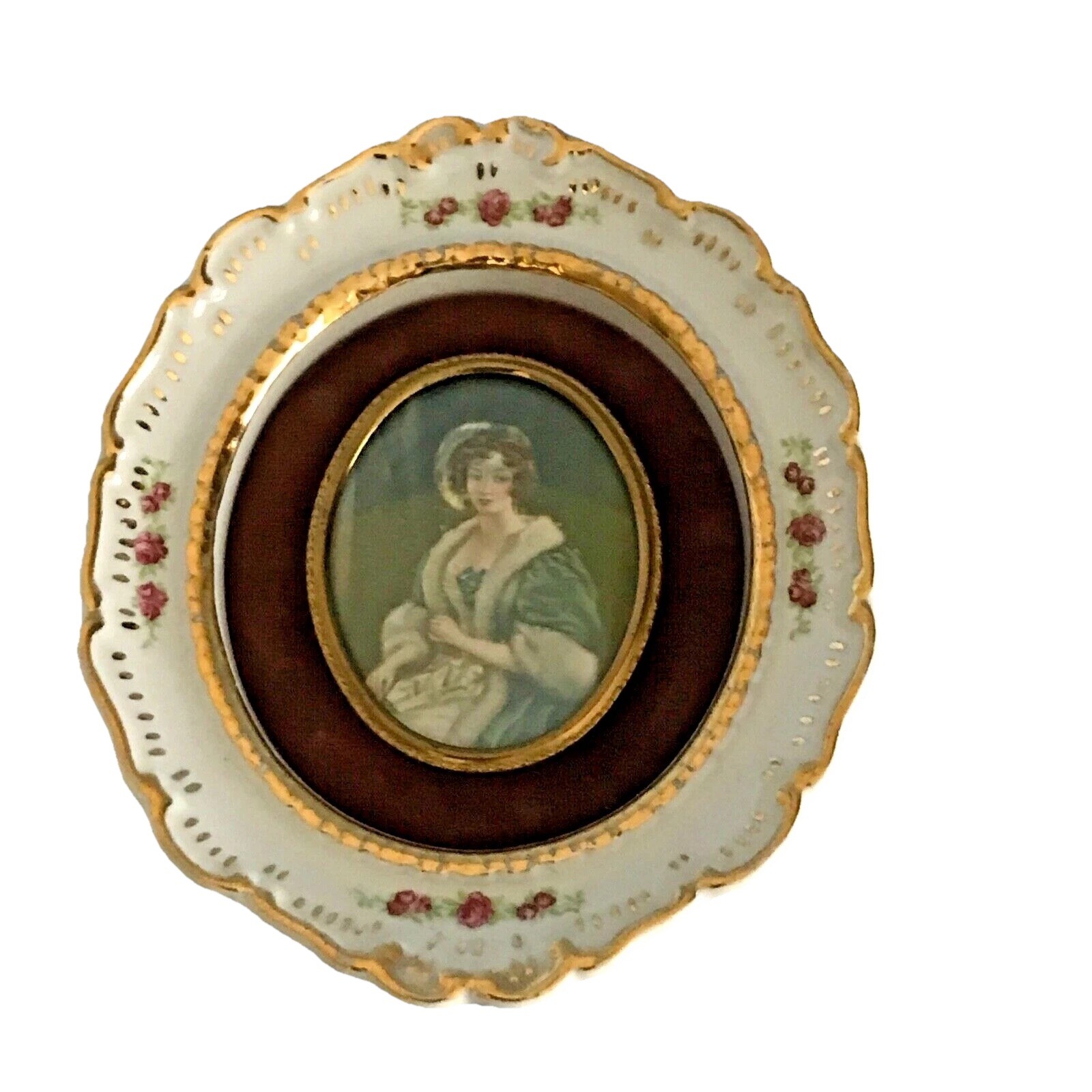 Cameo Creation Wall Plaque Lady w Feather Hat Ceramic Frame Oval Print