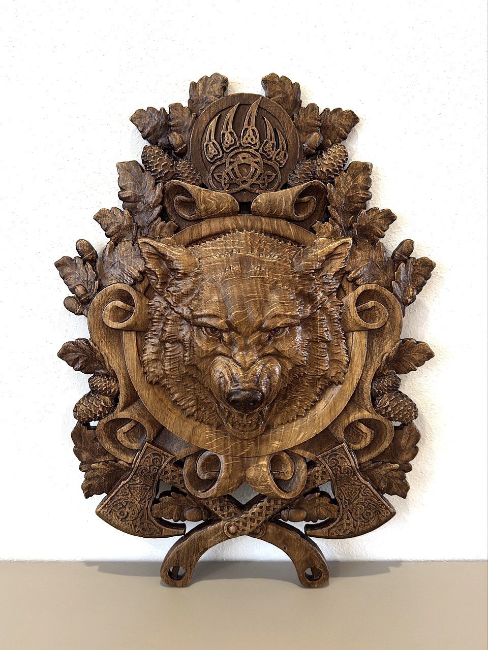 Wolf Wooden carved Wall Plaque Viking Axes Celtic Norse Mythology Relief Decor