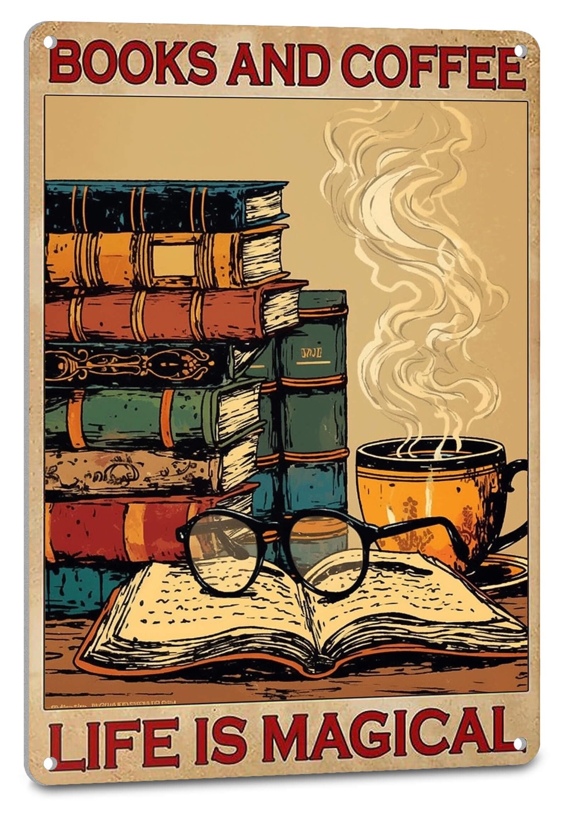 NEGLAI Vintage Home Library Wall Decor Metal 11.8″L x 7.8″W, Books And Coffee