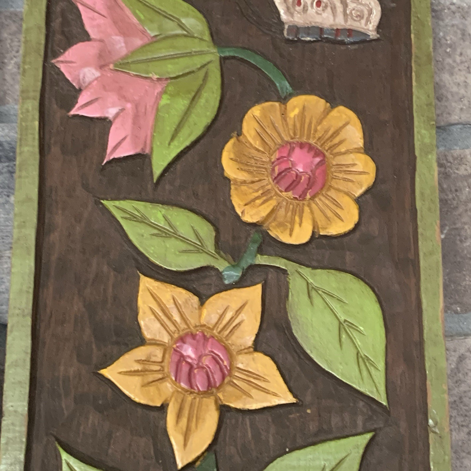 Mexican Folk Art Relief Carved Wood Painted Plaque Flower 12″ Boho