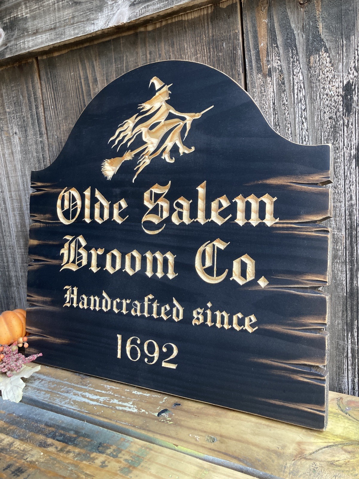 Halloween Salem Witch Broom Wooden Sign Carved Rustic Antique Look