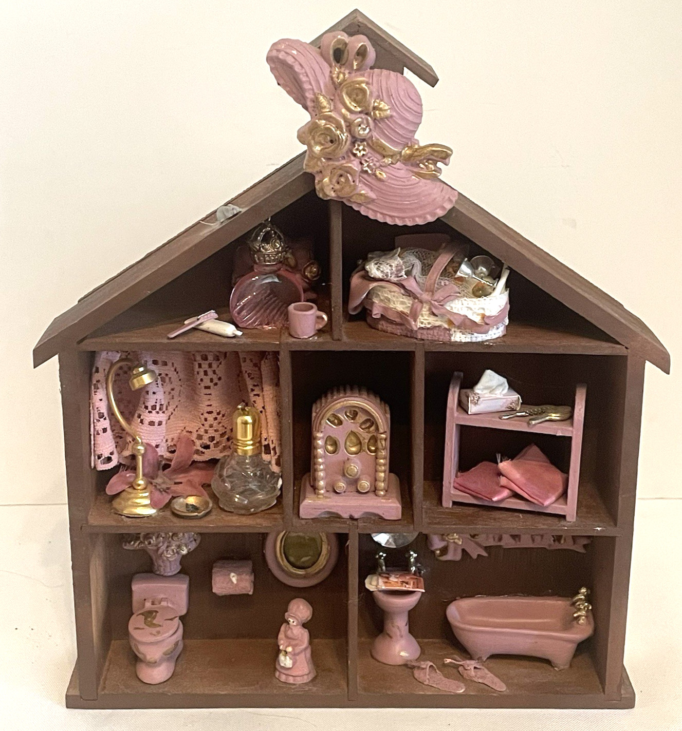 Vintage Rustic Miniature Bathroom Shadow Box Wall Decor Pink Wall Hanging