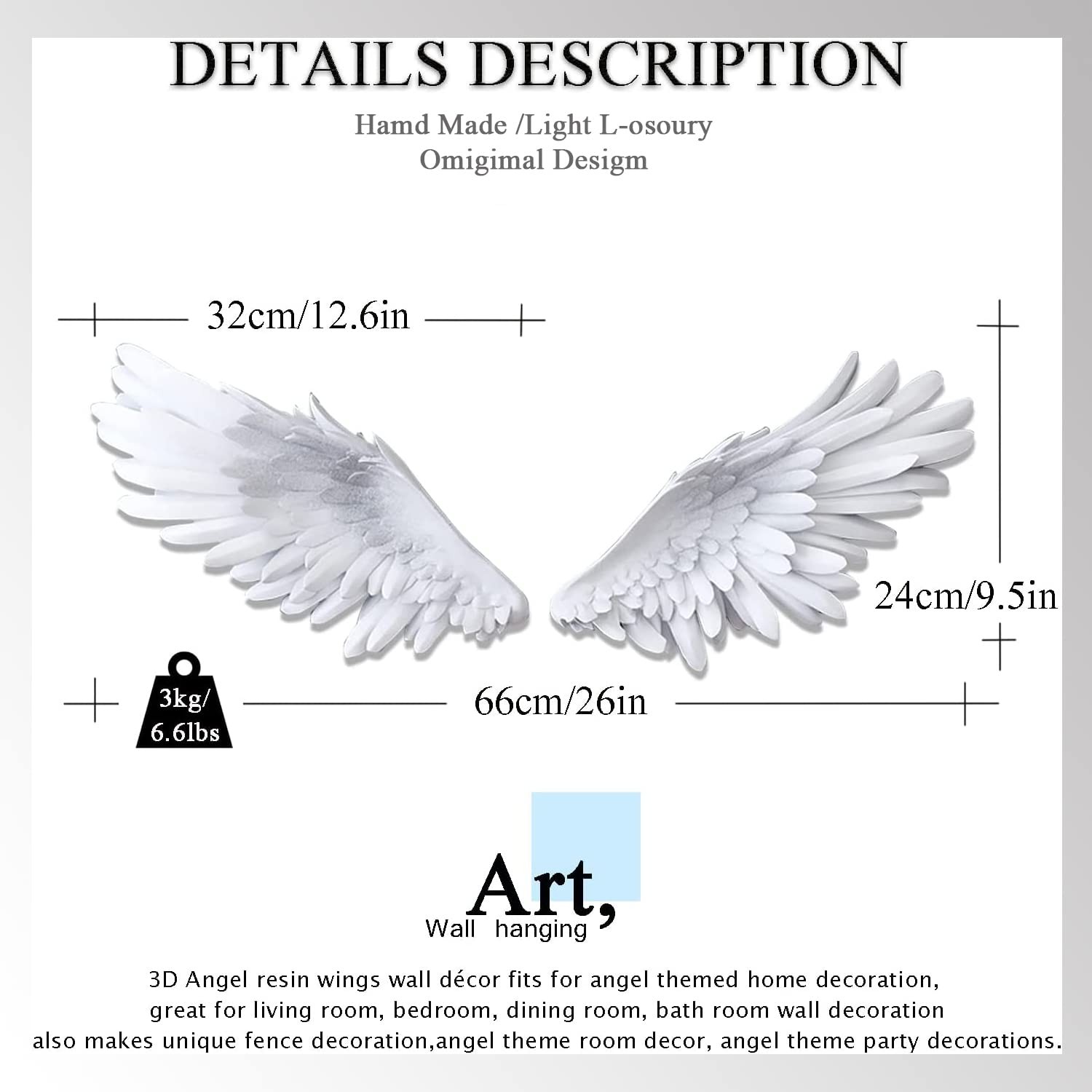 SUN RDPP 26″ 3D White Angel Wings Wall Art, Resin Sculpture, Rustic