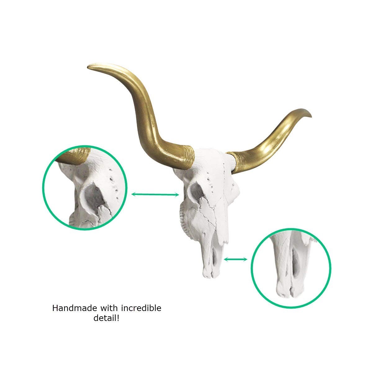Mini White & Gold Longhorn Faux Skull – 20″ Taxidermy Wall Decor, Handmade Farmh