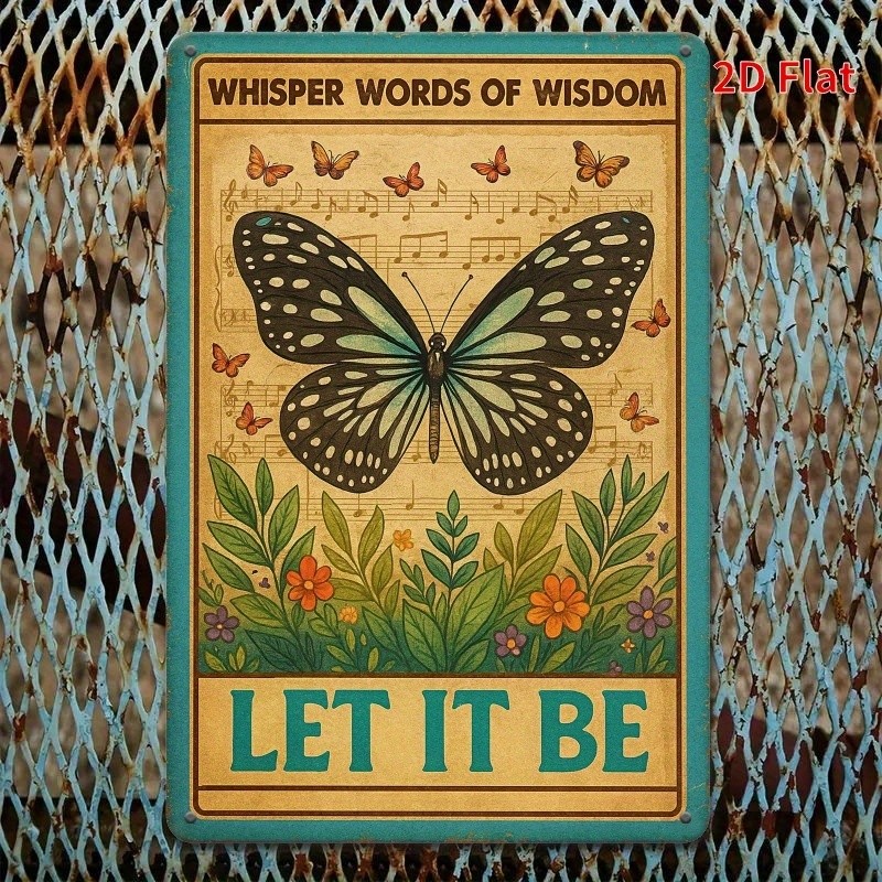 Vintage Butterfly Design Metal Sign Let It Be Lyrics Quote Home Accent Decor