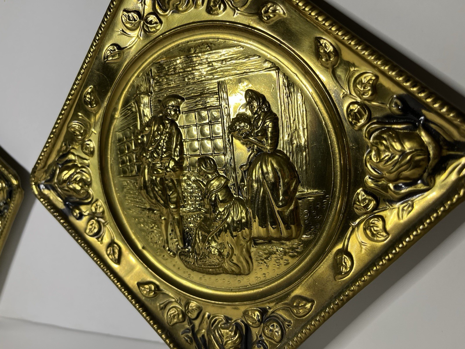 Victorian Embossed Brass Wall Hanging Art Plaques Pair Polished Gold