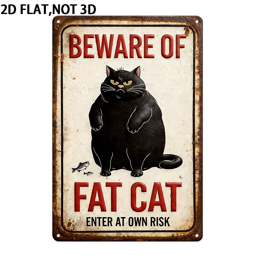 Metal Tin Sign Beware Fat Cat House Home Aluminum Sign Vintage Decor