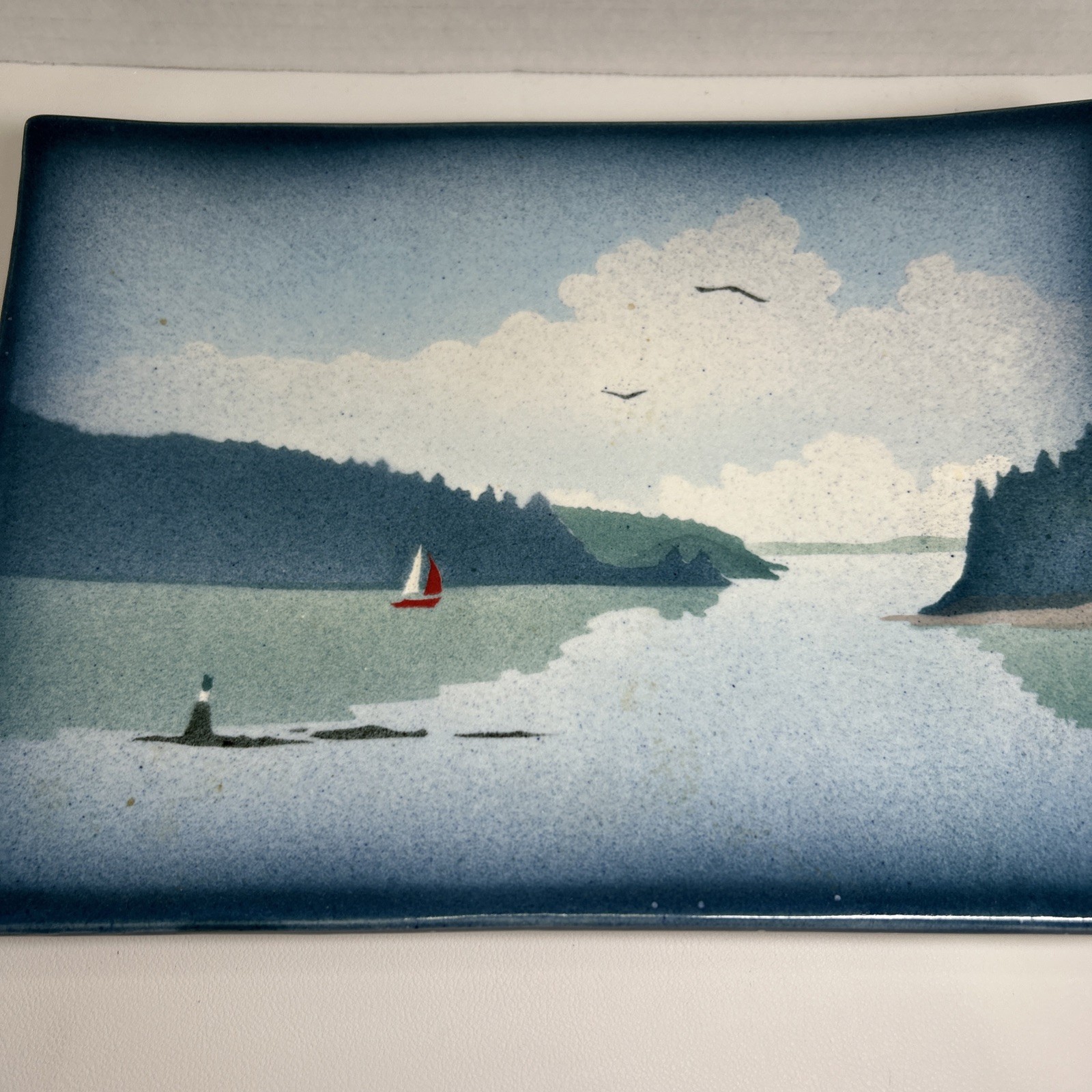 Alan Grout Stuido Pottery Blue Seascape Sailboat Wall Plaque / Sushi Tray 10×7″