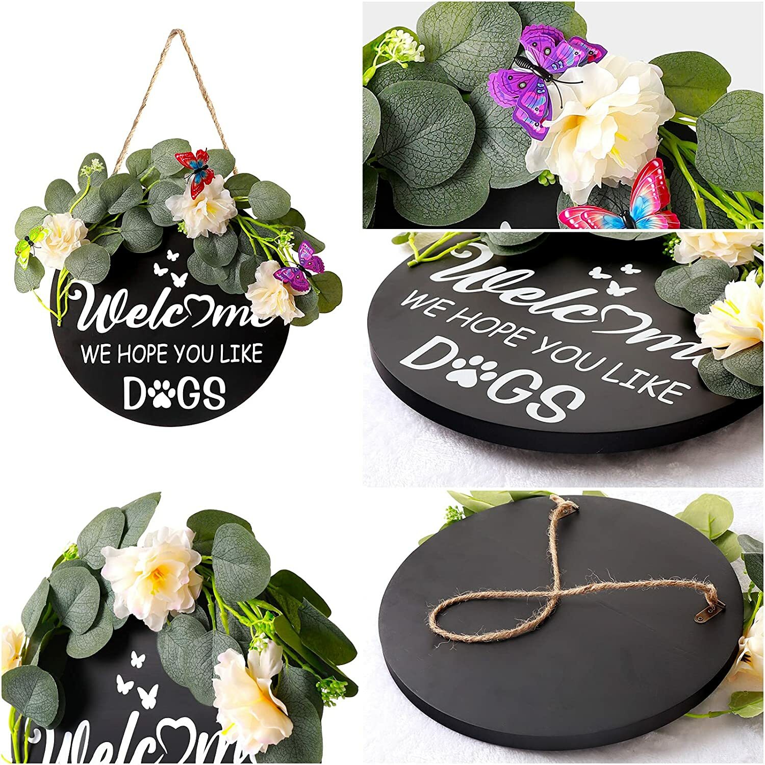 Welcome Sign for Front Door, Dog Welcome Wreath Sign for Farmhouse 12″ (Black)