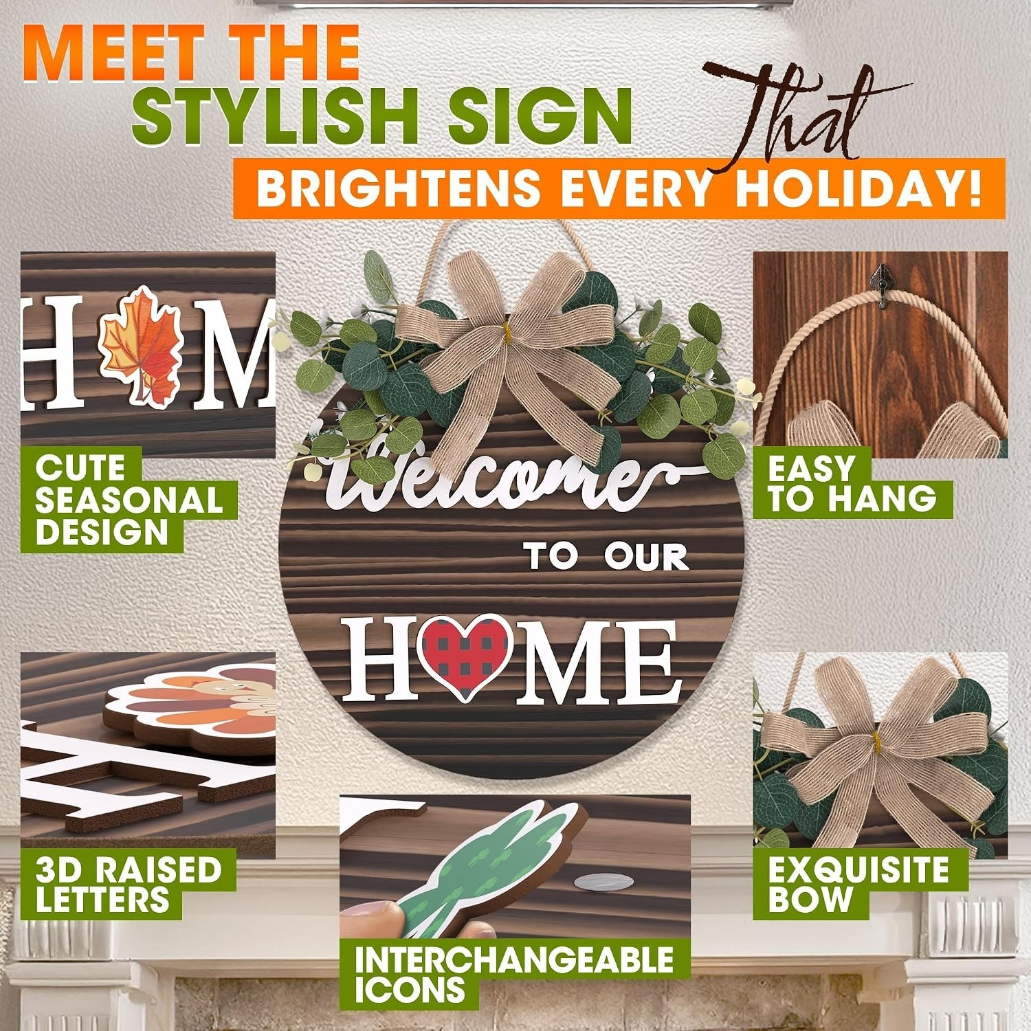 Durable Welcome Sign – Rustic Fir Wood & 14 Magnetic Icons for Indoor/Outdoor