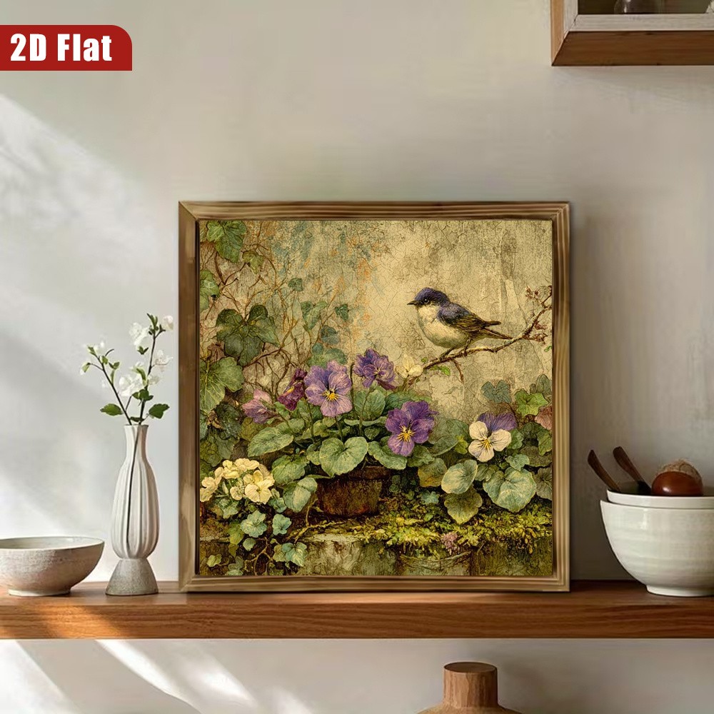 Vintage Floral Bird Wooden Sign Rustic Farmhouse Nature Decor for Kitchen Cafe