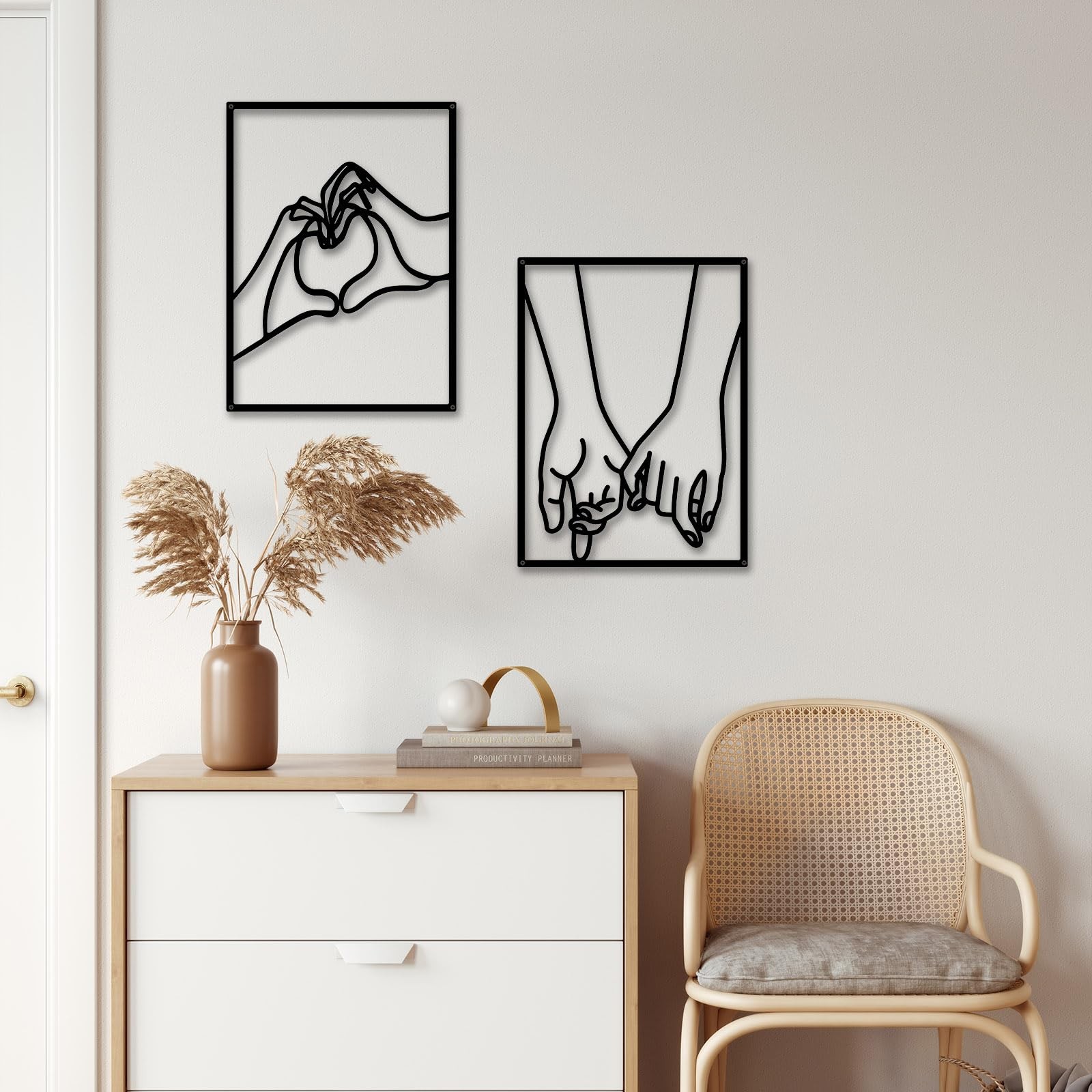 3 PCS Minimalist Heart Hands Black Metal Wall Decor Single Line Art Abstract