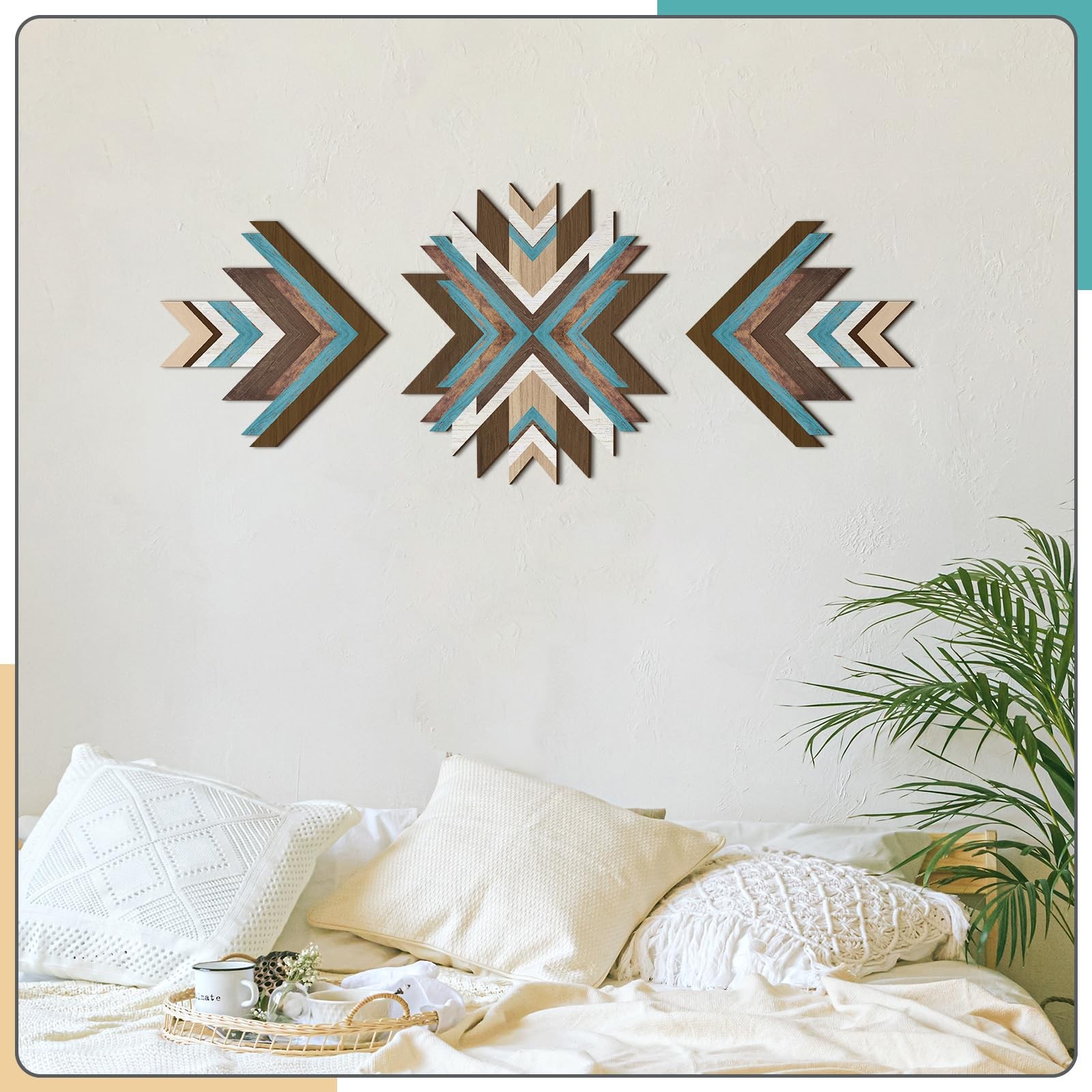 Wenqik 3 Pcs Aztec Wall Decor Wooden 16 x 14 inches, 11.8 x Blue