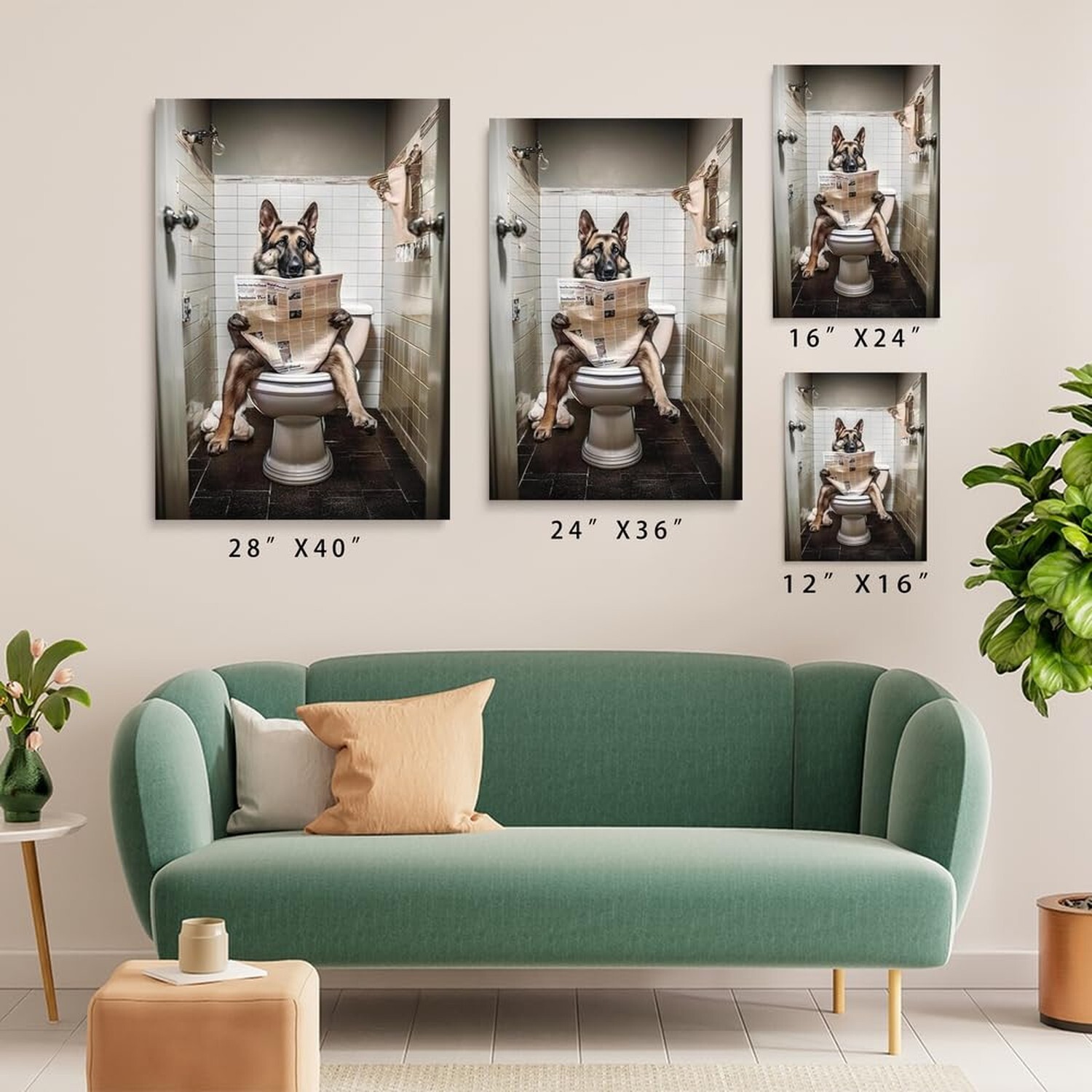 Funny Dog Bathroom Wall Art German Shepherd Dog Reading Newspaper on Toilet A…