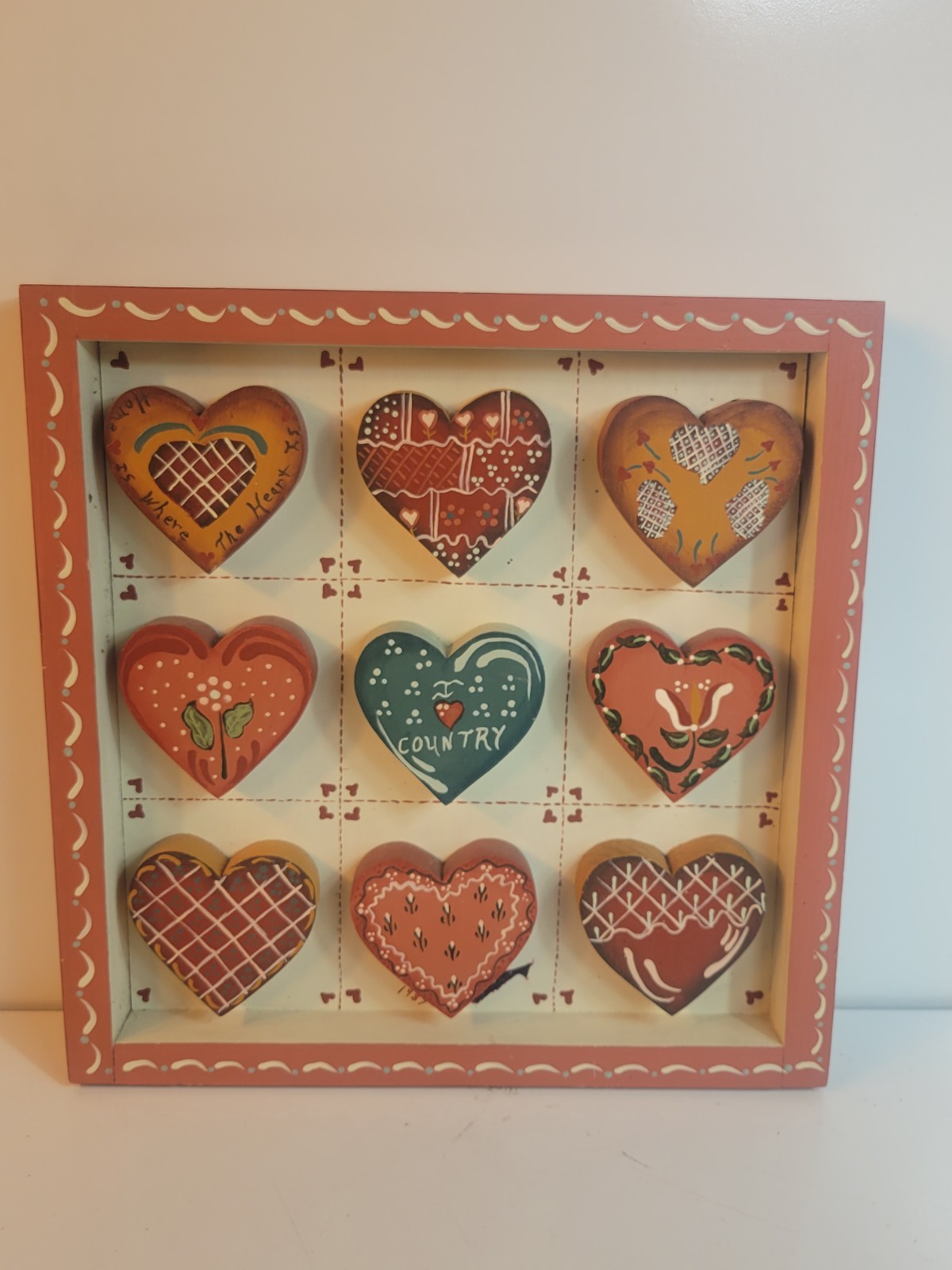Vintage Folk Art Country Hearts Wall Plaque 12″x12″ Toll Painting Handmade
