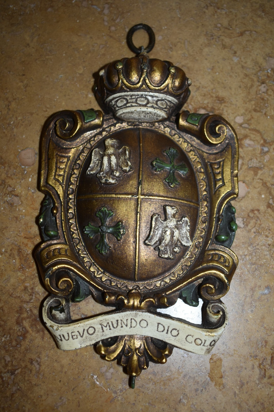 VINTAGE Shield Wall Plaque Eagle Cross Crown Coat of Arms Medieval Old World vtg
