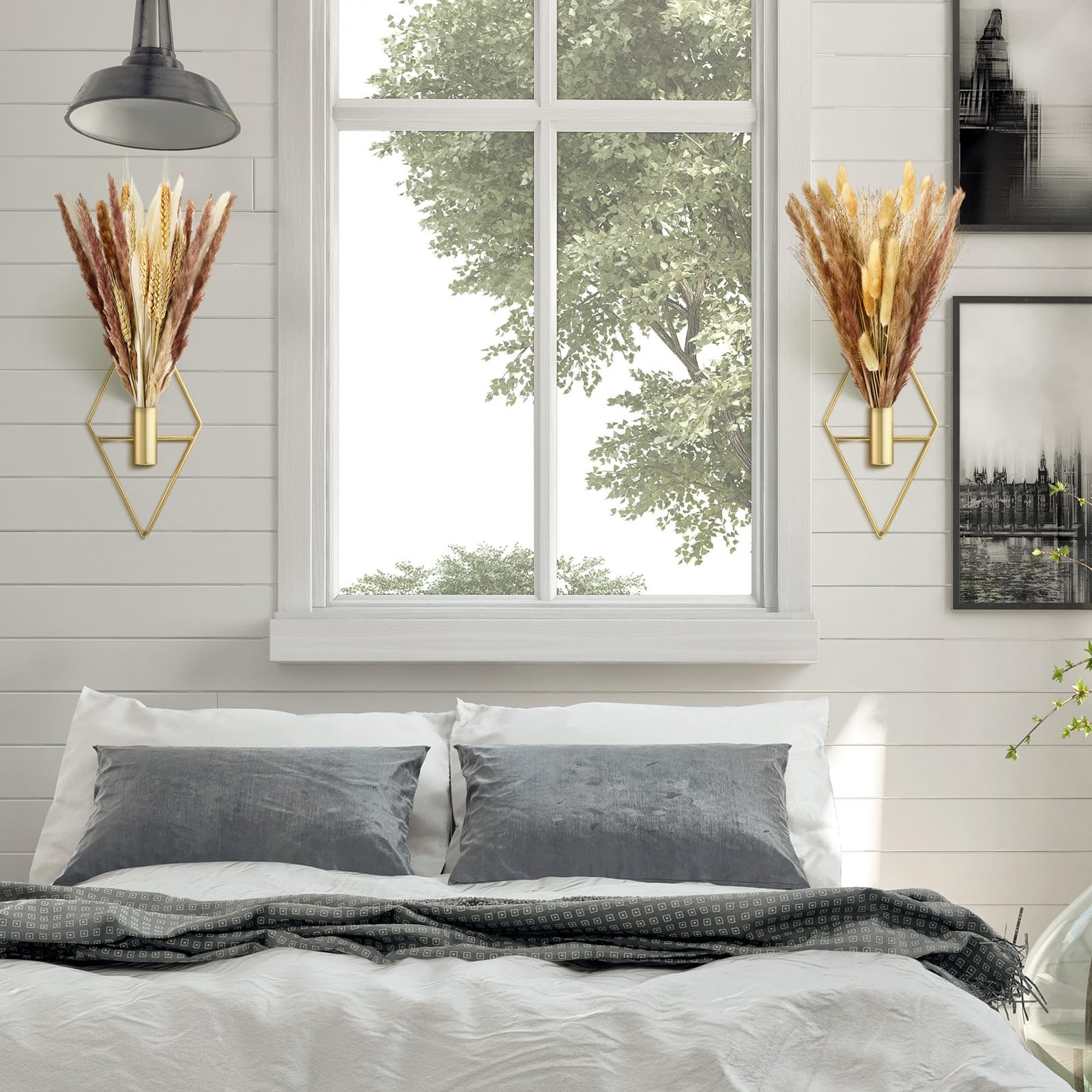 2 Pcs Small Boho Wall Decor Hanging Planters with Artificial Pampas Metal Wal…