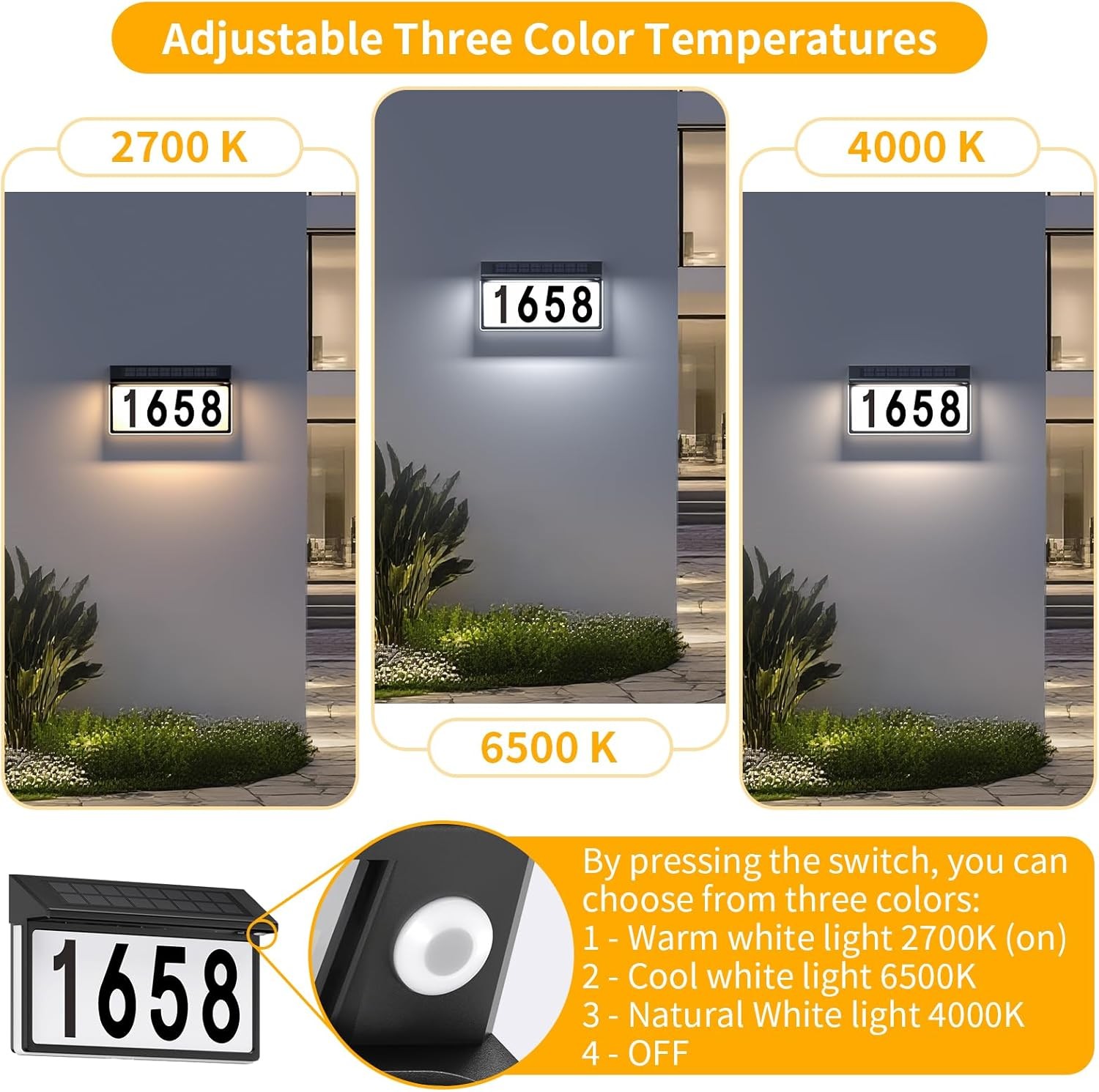 Solar Address Sign, Solar Lighted House Numbers for Outside, 3 Colors Waterproof