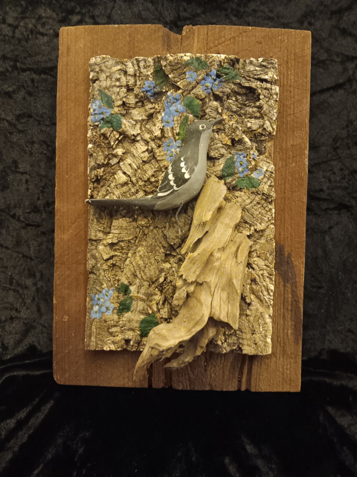 Handmade Gray Mockingbird Tree Bark Rustic Drift Wooden Wall Art Painted Flowers