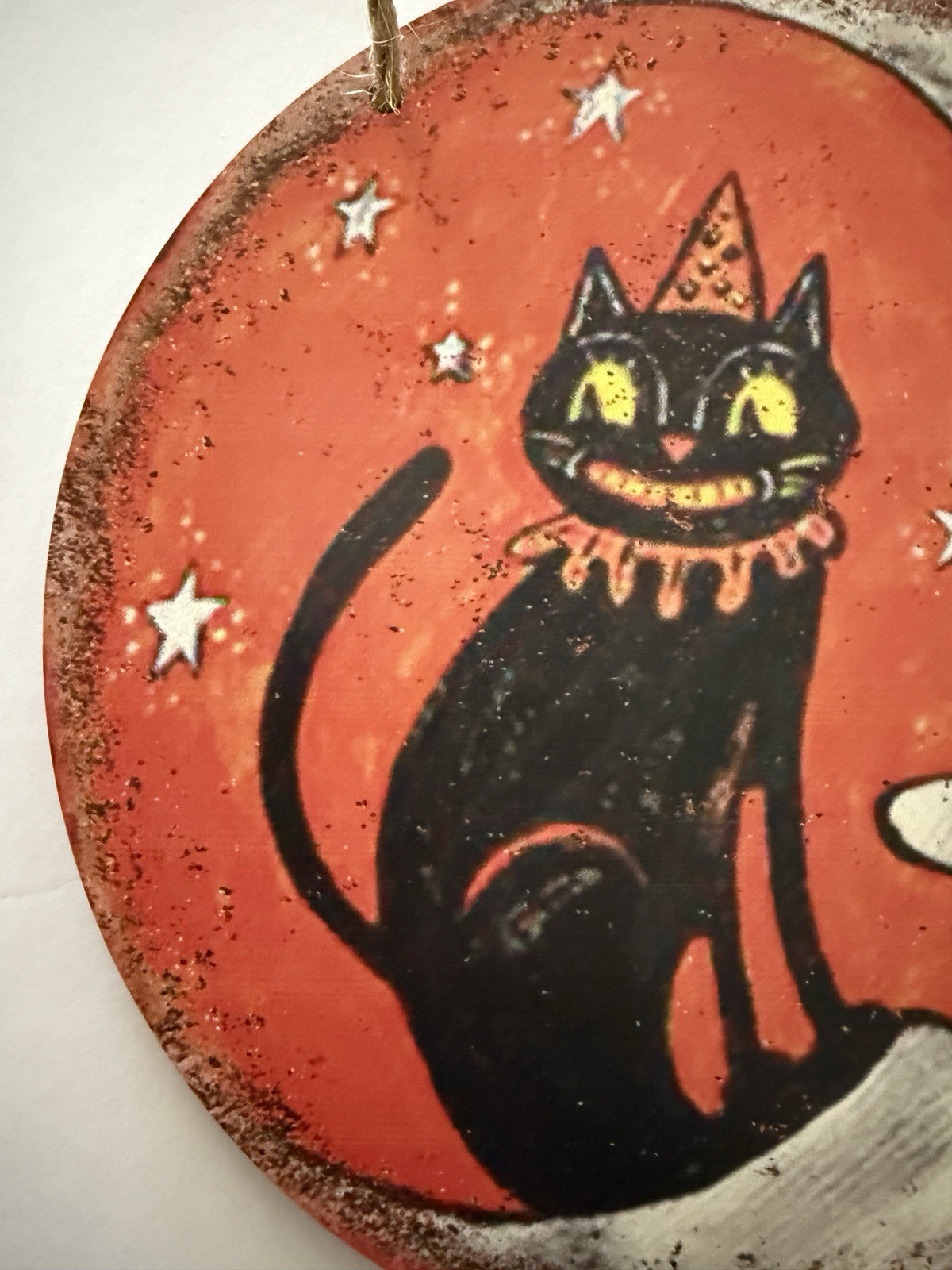 Halloween Vintage Look Wall Art Moon and Whimsical Black Cat Wooden Sign