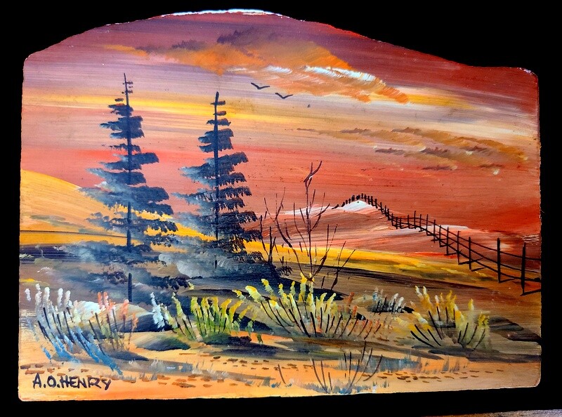 A. O. Henry Hand Panted Signed Painted Marble Slab 4.75 X 3.75 Inch Landscape #