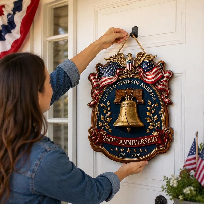 USA 250th Anniversary Wooden Liberty Bell Sign, 1776-2026 Decor