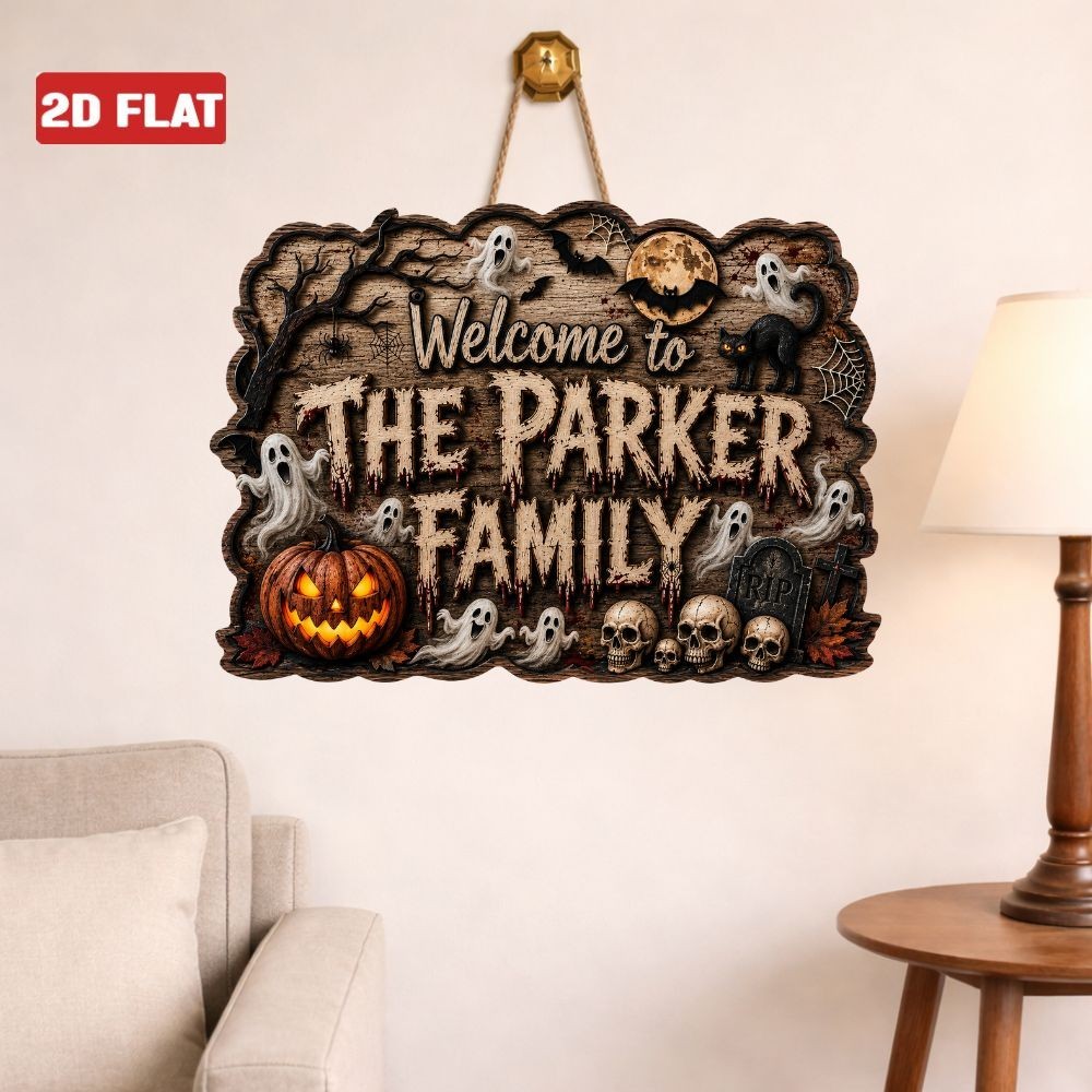 Personalized Halloween Door Sign, Spooky Ghost Skull Pumpkin Porch Door Hanger