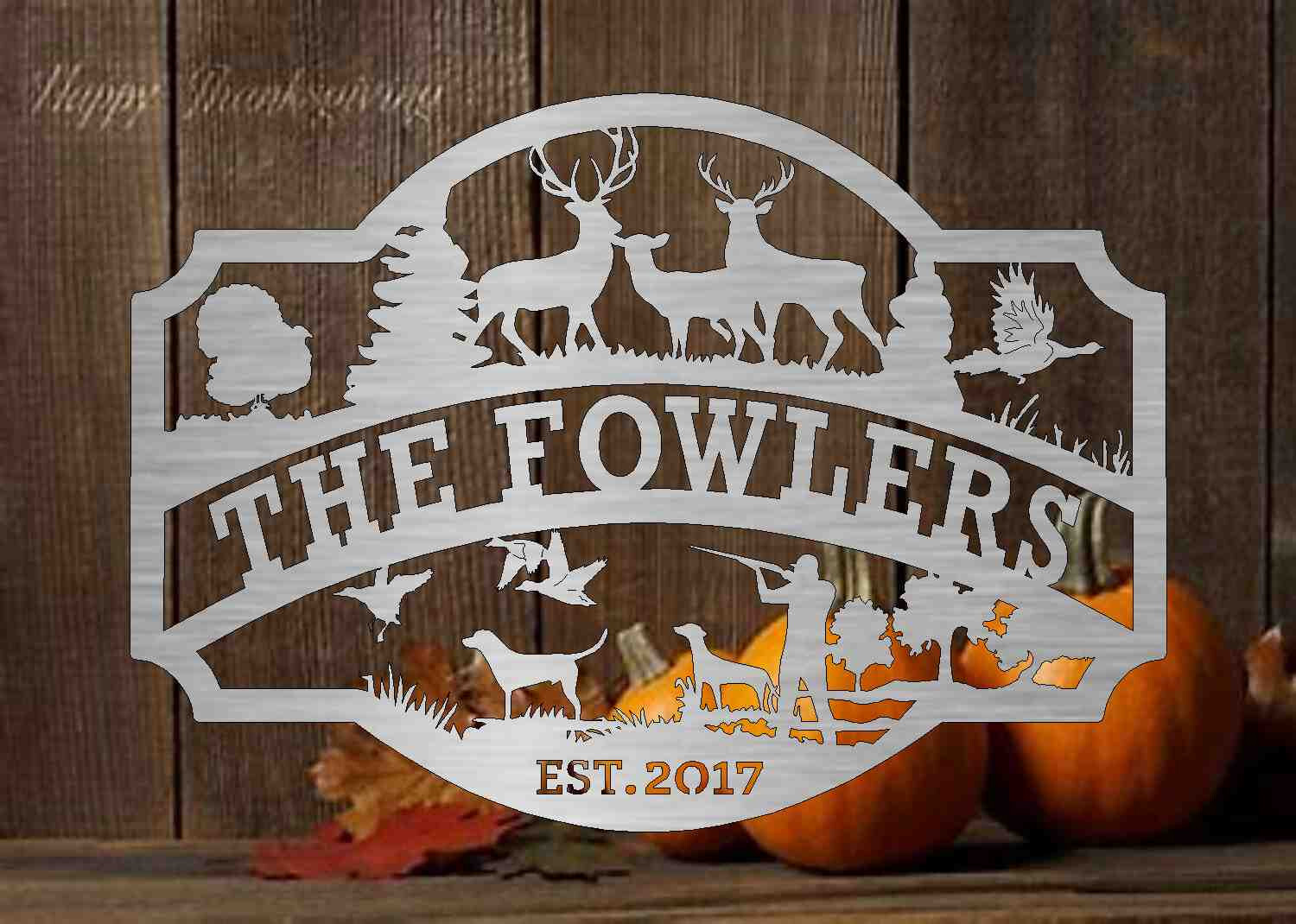 3ft Metal Sign with hunting scene customized with your name