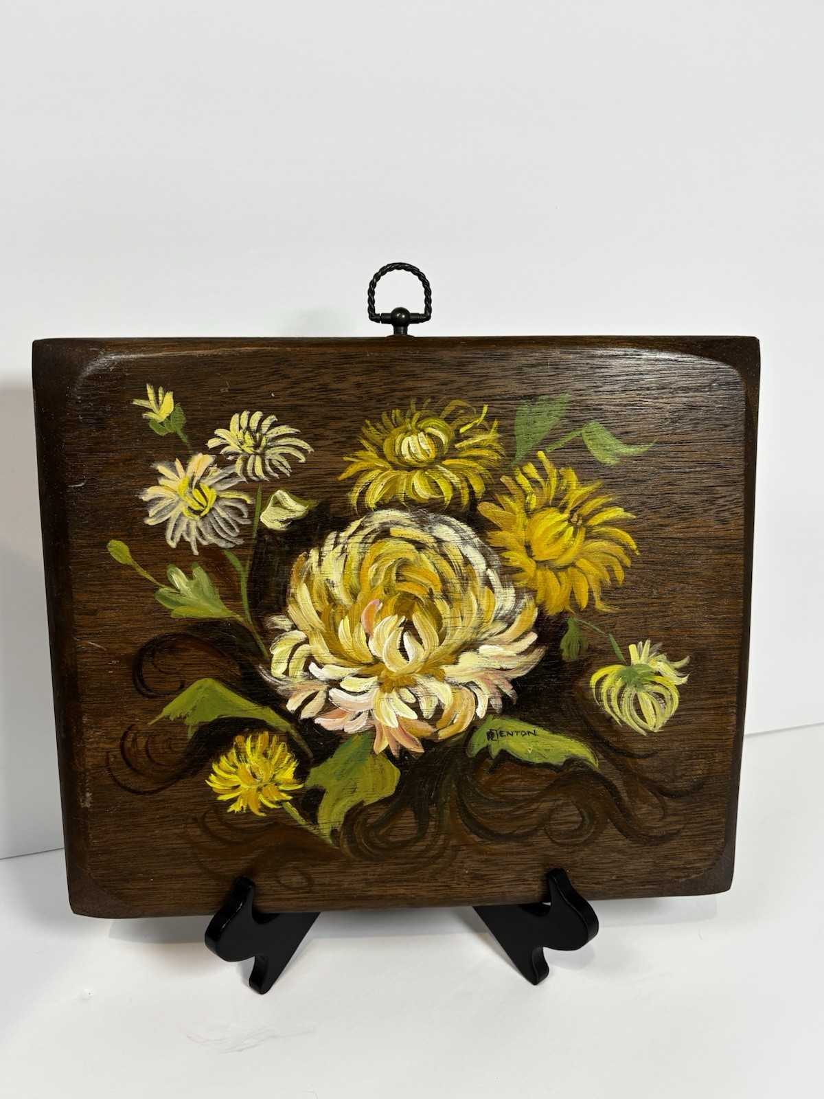 2 Hand Painted Floral Wood Wall Hanging Plaques, Yellow Flowers, Brown