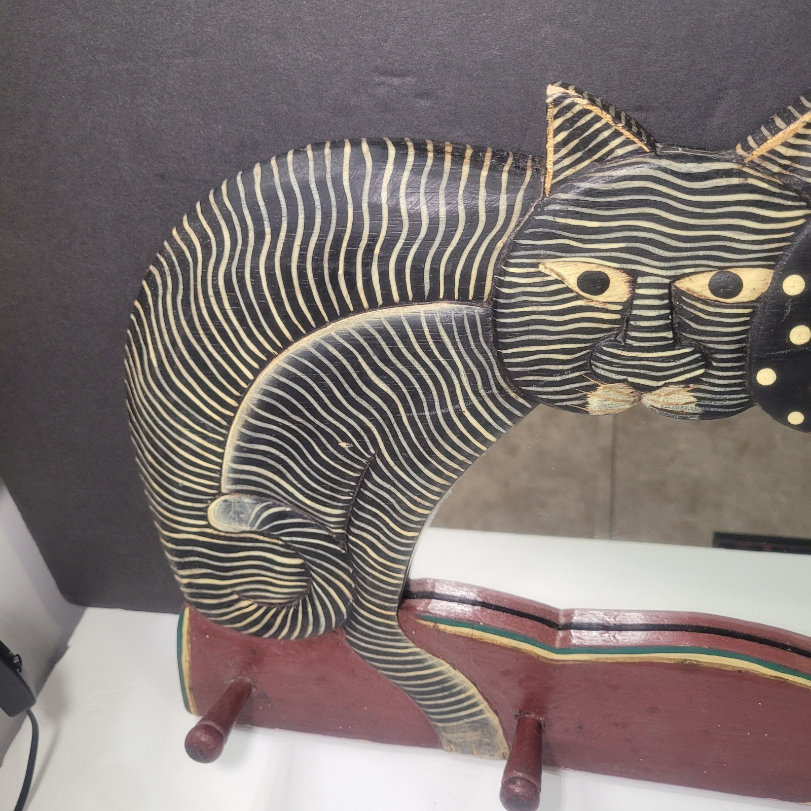 Vintage Folk Art Cats Black Gold White Dot Stripe Mirror and Wall Rack 17″ x 10″