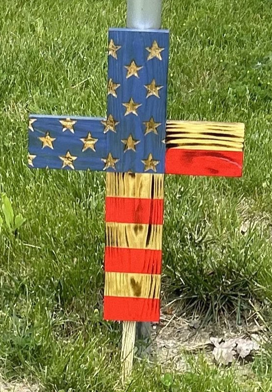 Rustic Handmade American Flag Wooden Cross 17” Wall or Yard Memorial Patriotic