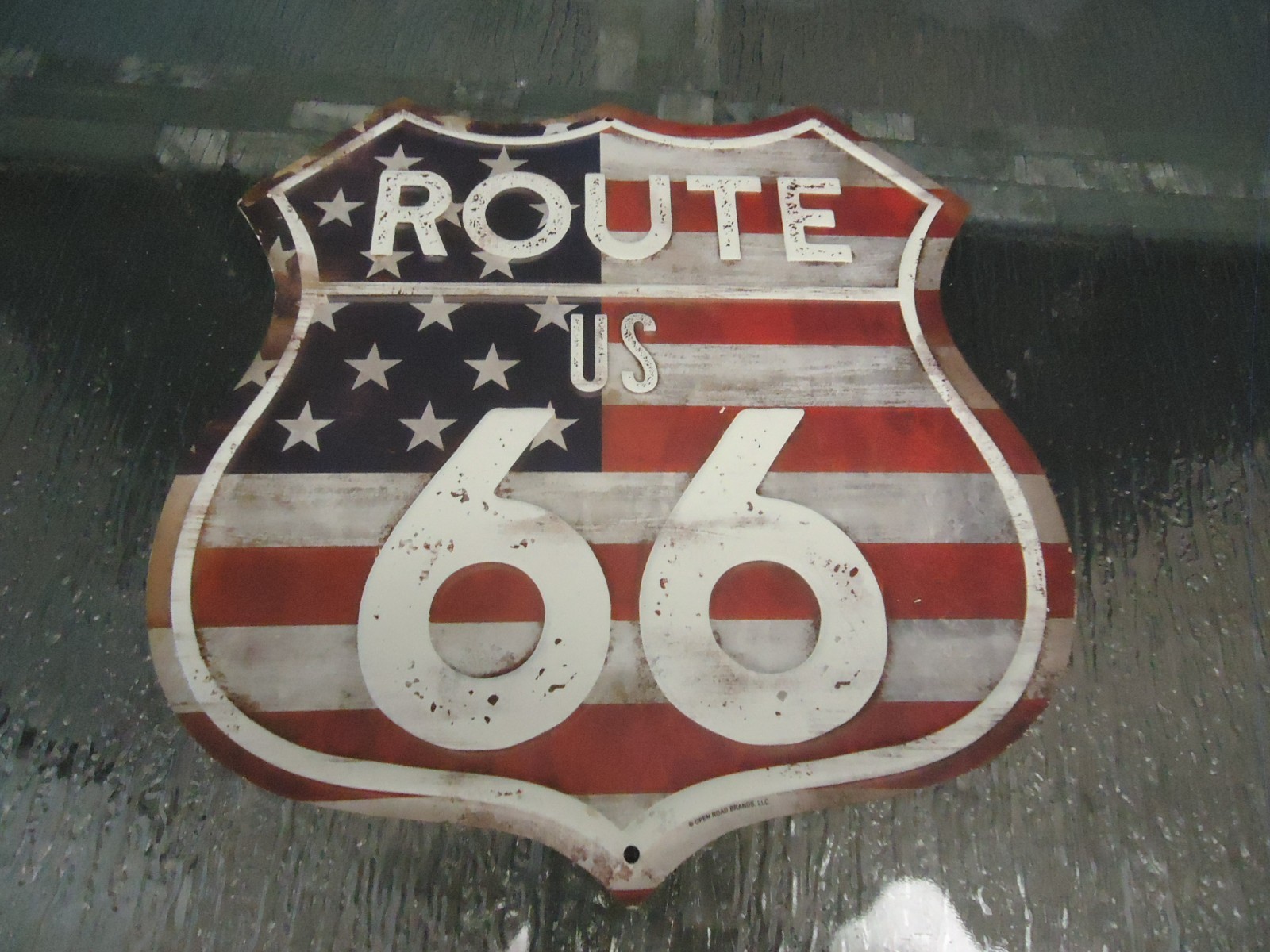 METAL ROUTE 66 SIGN WITH AMERICAN FLAG RAISED LETTERING 10″ X 10″ ( new ) ^