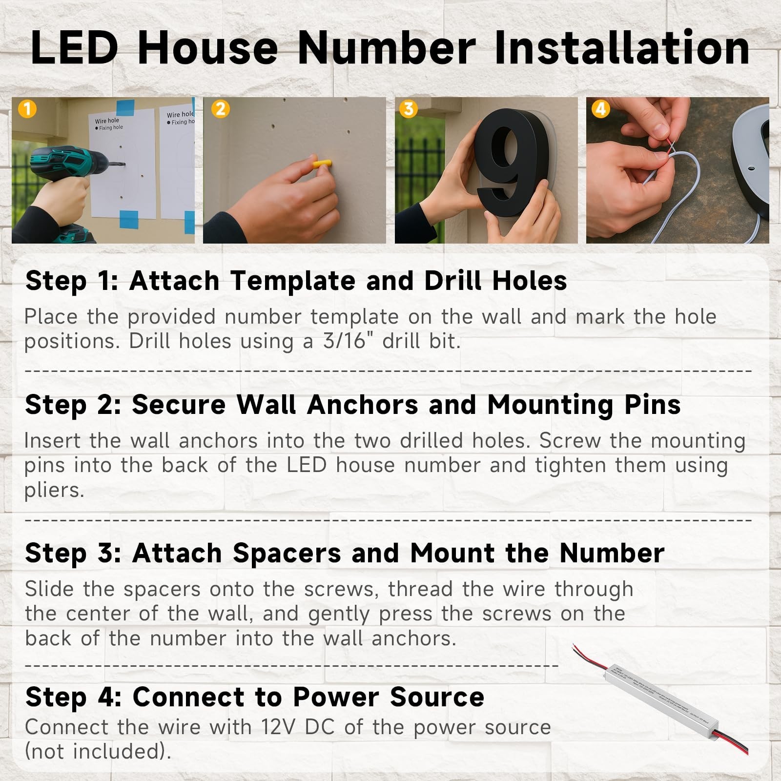 5″ LED Backlit House Numbers, Stainless Steel Lighted Address Sign, Waterproof M