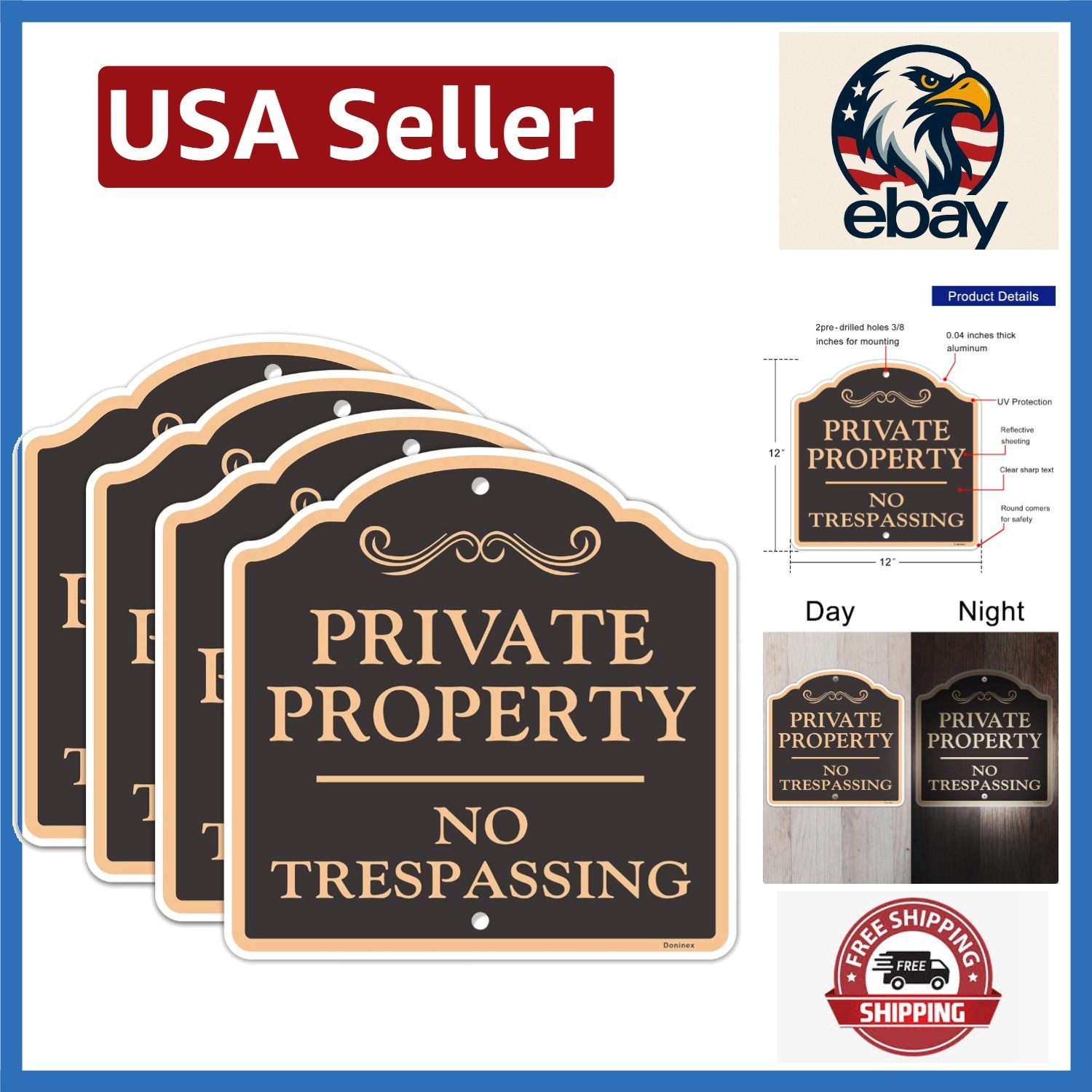 Durable No Trespassing Signs – 4 Pack, 12×12 Inches Reflective Aluminum Design