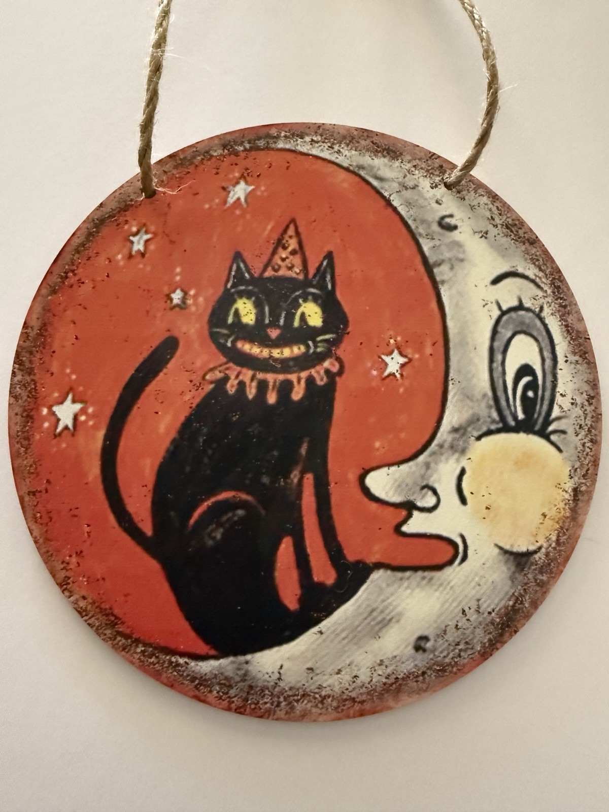 Halloween Vintage Look Wall Art Moon and Whimsical Black Cat Wooden Sign
