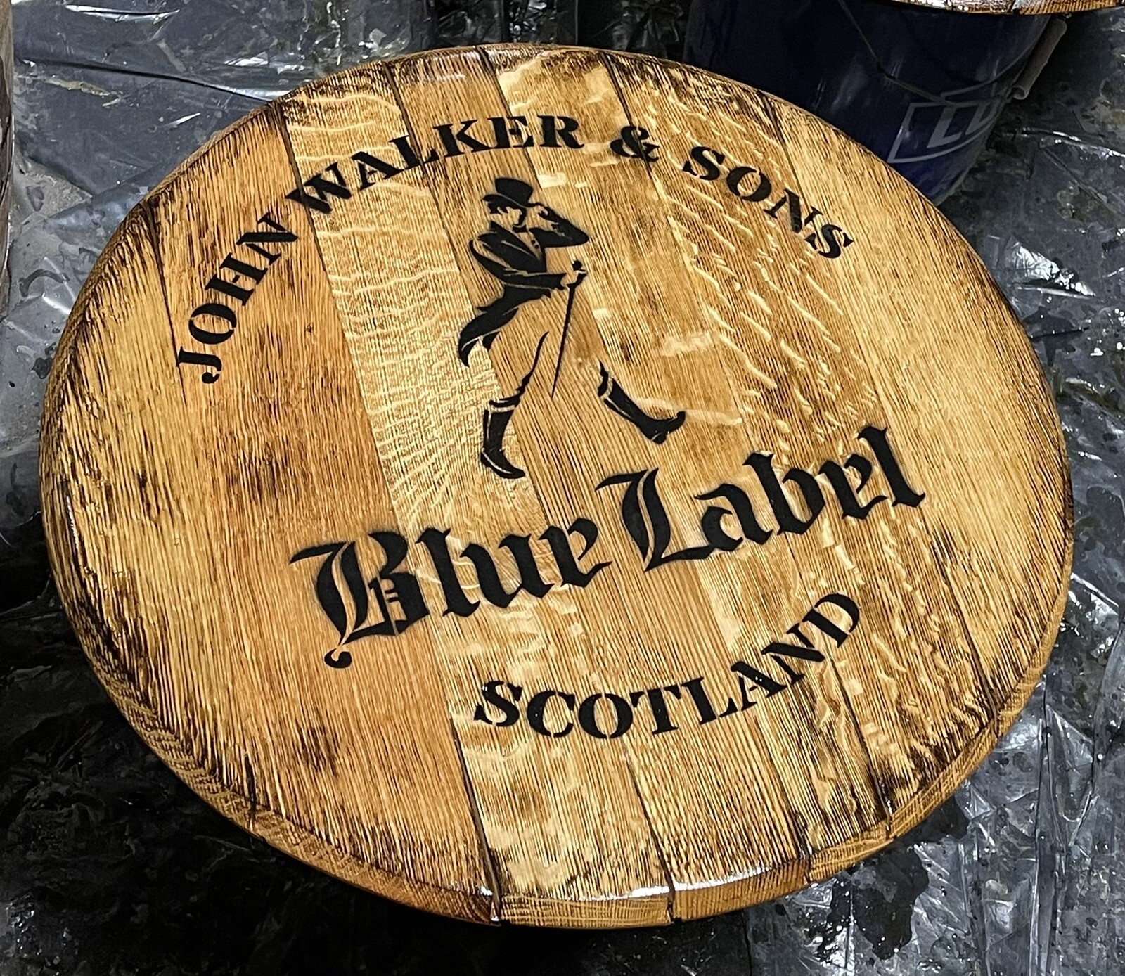 Bar Decor (Johnnie Walker Whiskey) Authentic Reclaimed Bourbon Barrel Head 21”