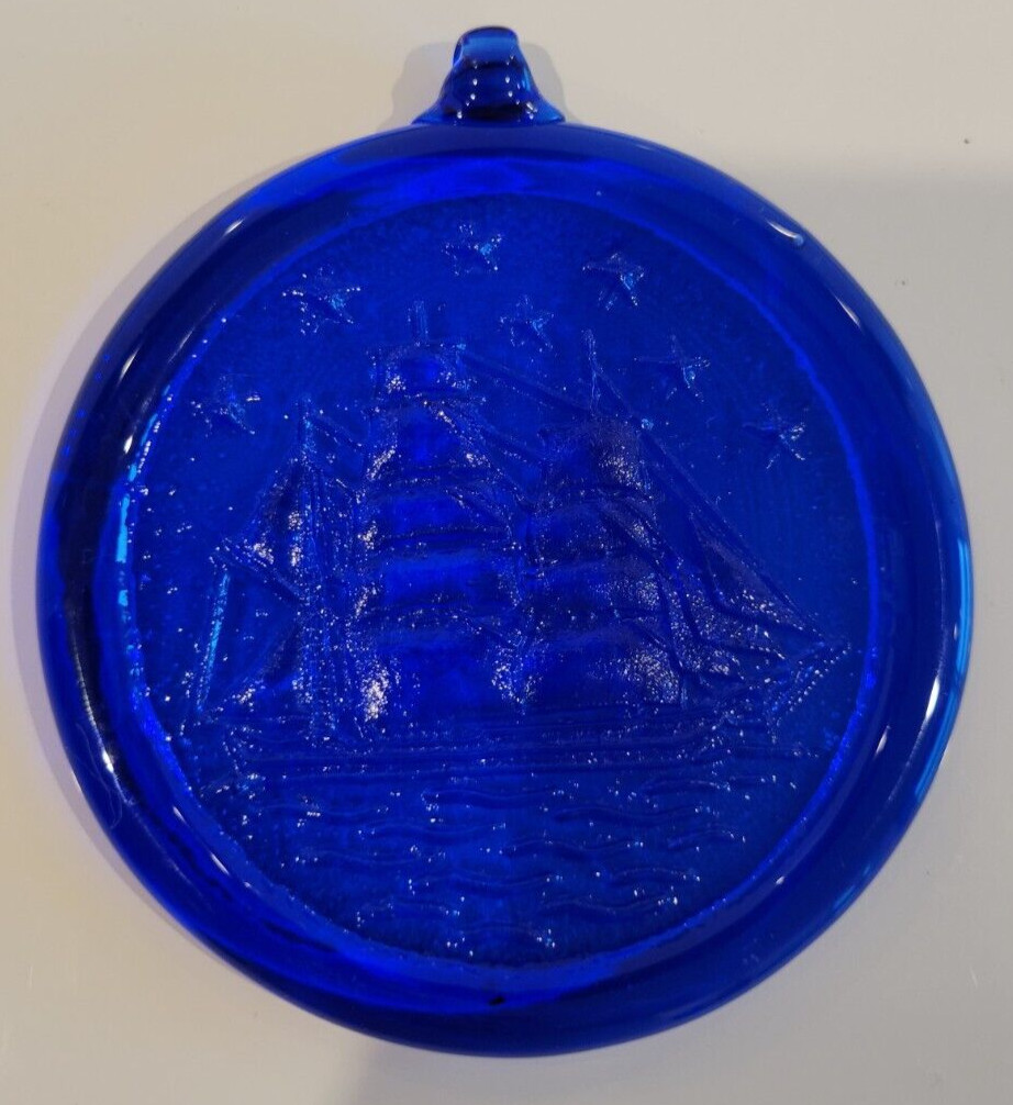 COBALT BLUE GLASS ROUND WALL PLAQUE DECOR RAISED USS SHIP 4.25 INCHES