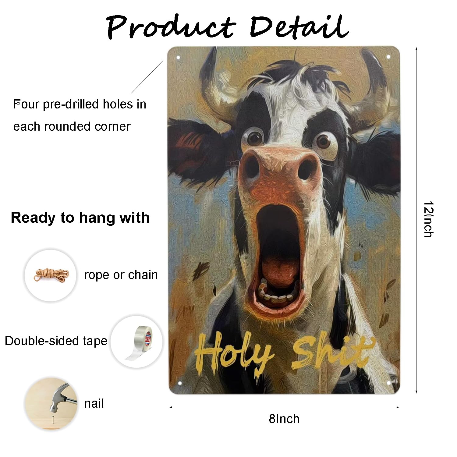 ydaeom Funny Bathroom Decor Tin Signs, Cute Animal Metal Wall 12″L x 8″W, Cow