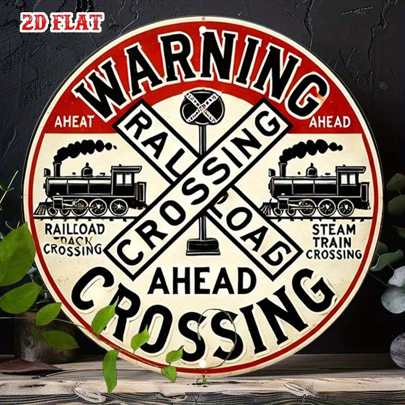 Railroad Crossing Warning Metal Sign Vintage Steam Train Garage Man Cave Decor