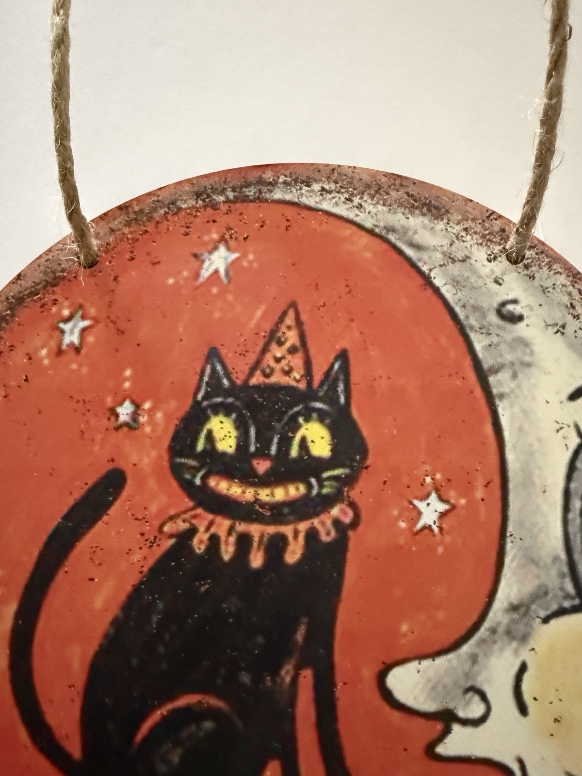 Halloween Vintage Look Wall Art Moon and Whimsical Black Cat Wooden Sign