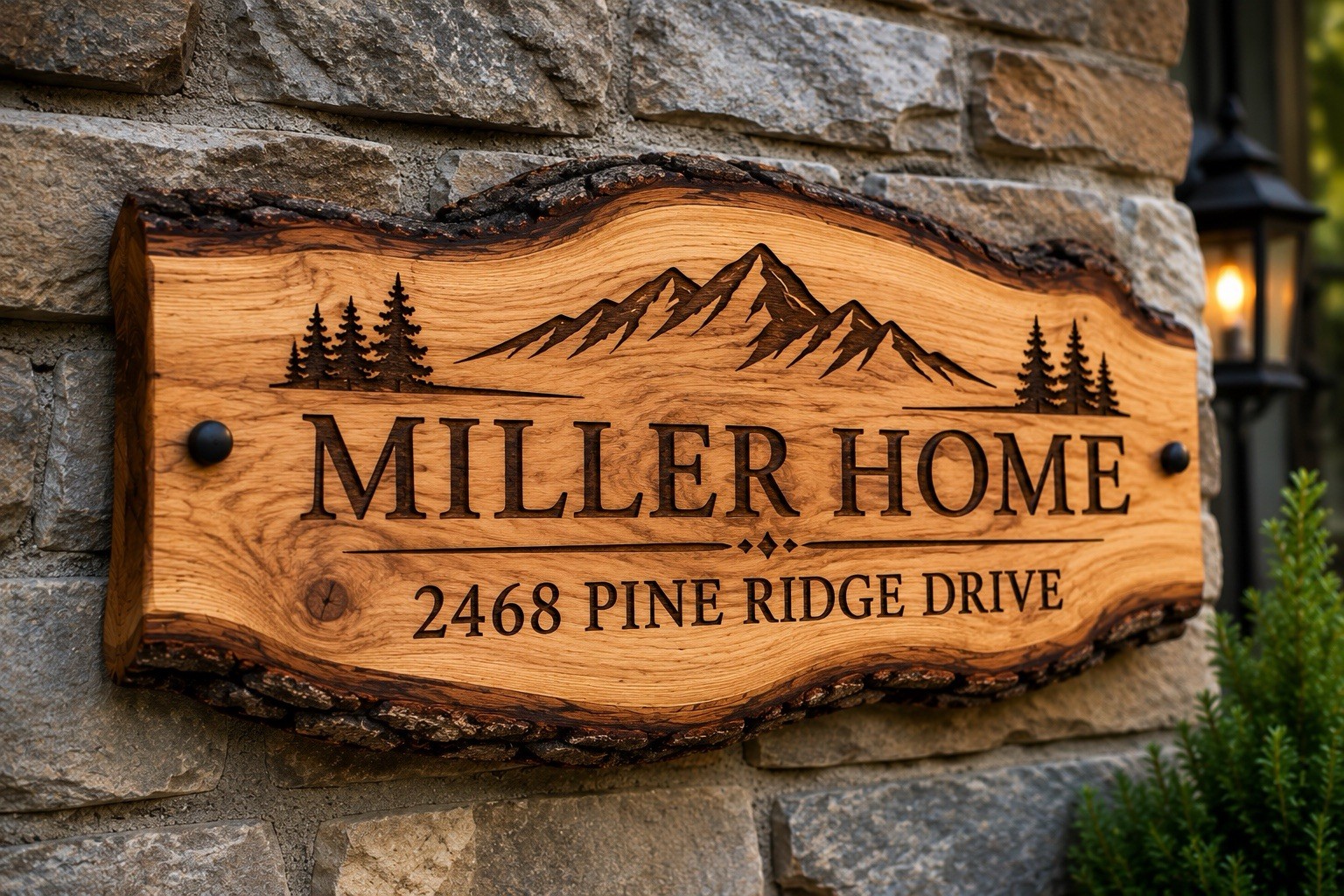 Personalized Engraved Live Edge Wood Family Name Address Sign