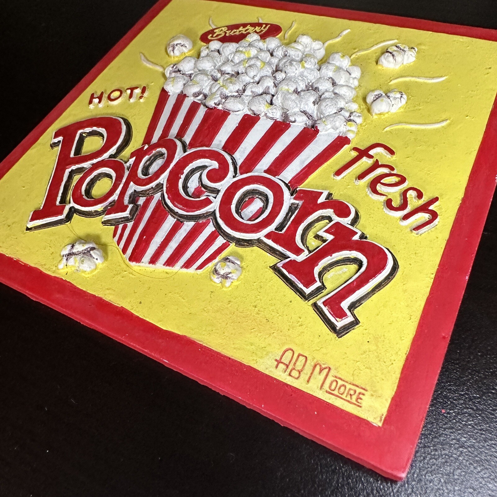 Vintage Sign, “Hot Buttery Fresh Popcorn” Hang Wall Art Deco Rare 5.5” Theatre