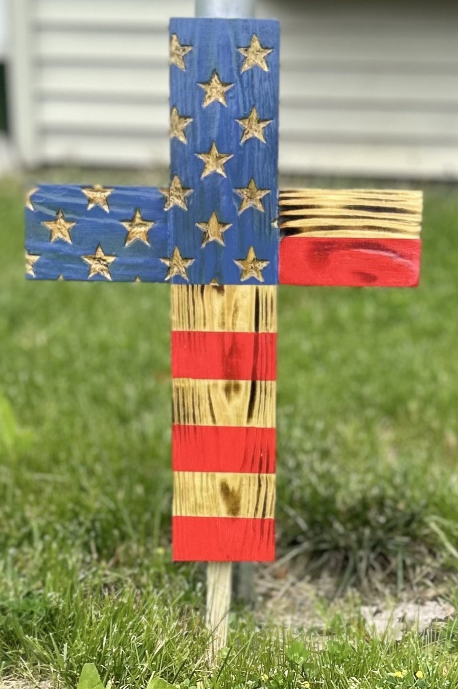 Rustic Handmade American Flag Wooden Cross 17” Wall or Yard Memorial Patriotic